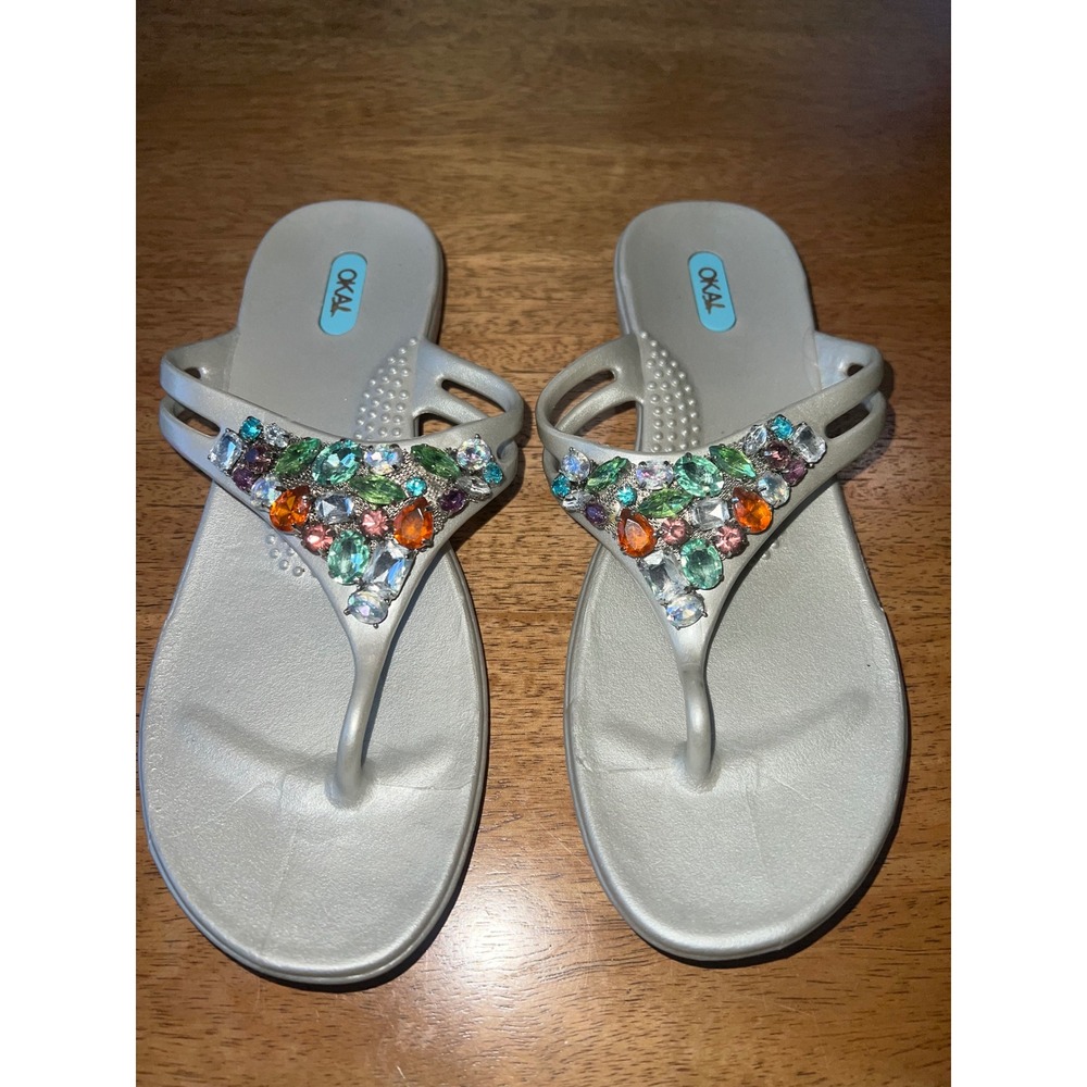 Okal Silver Jeweled Thong Sandals Metallic Gemstone Flip Flops Women's Size M 7